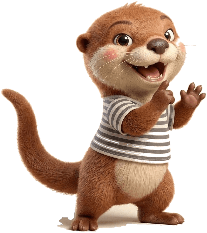 Bo, an otter in a striped tee, waving mid-step