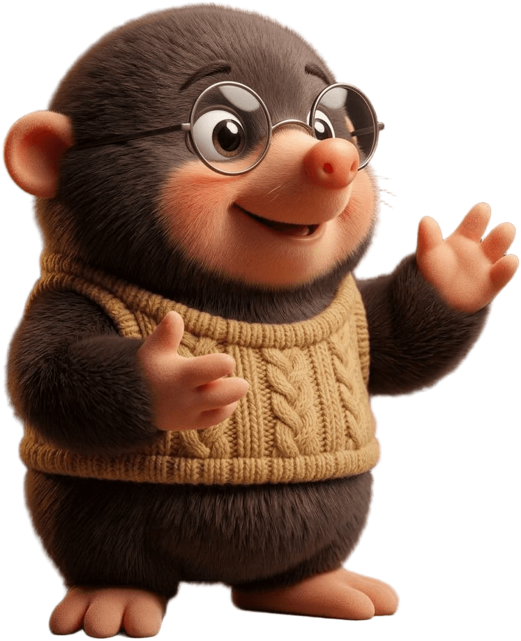 Fenn, a mole in round wire glasses and an oatmeal knit sweater, waving