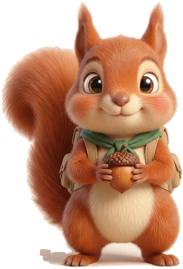 Kip, a red squirrel with a bushy tail holding an acorn