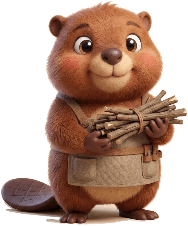 Pebble, a beaver in a canvas work apron, carrying a bundle of sticks