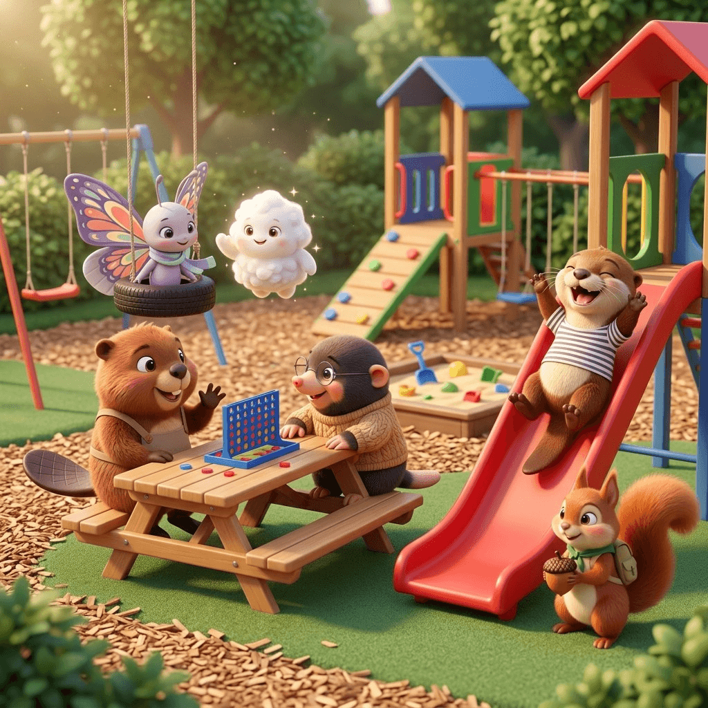Sparky and his friends together in a playground scene