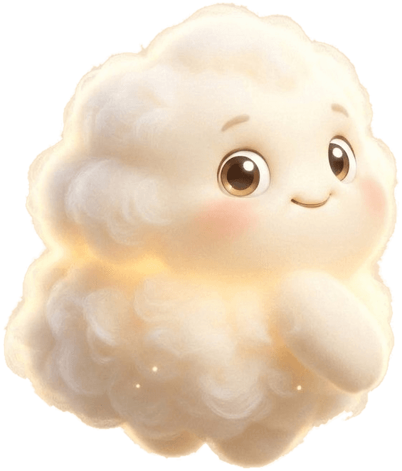Sparky, a small cream cloud with round brown eyes and pink cheeks