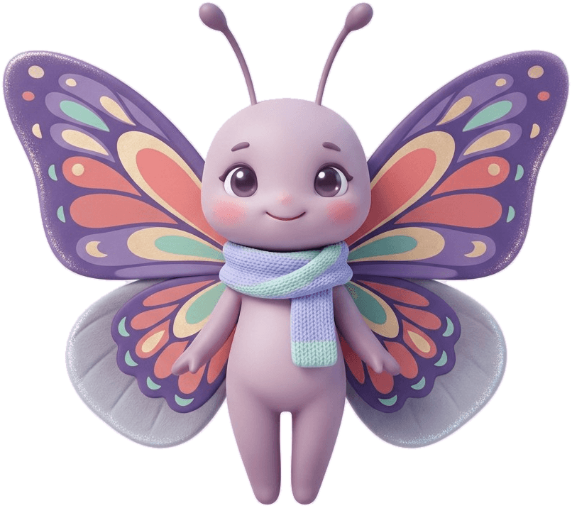 Willa, a lavender butterfly with patterned wings and a knit scarf